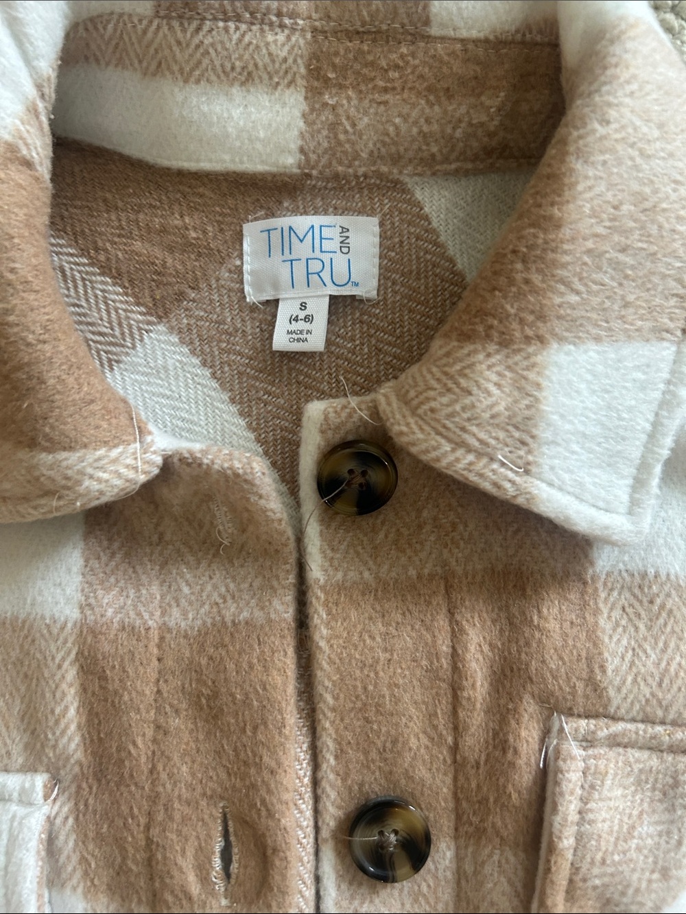 Time and Tru Tan and White Plaid Button-Up Shacket - Picture 4 of 5